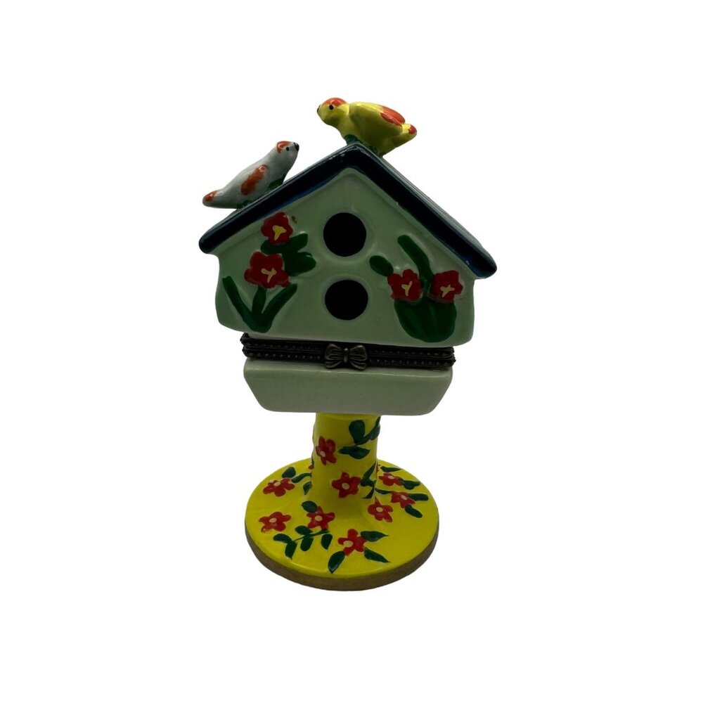 Pier One Ceramic Birdhouse Trinket Box With Floral Design & Bird Figurines